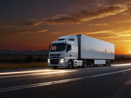 White truck on the road at sunset. Transportation and logistics concept.の素材