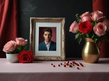 Portrait of a young man with a photo frame and flowers.の素材