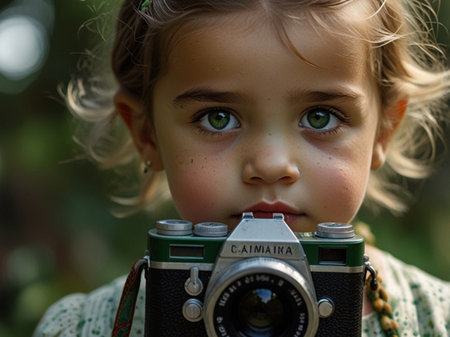Cute little girl with vintage camera in her hands. Close up.の素材