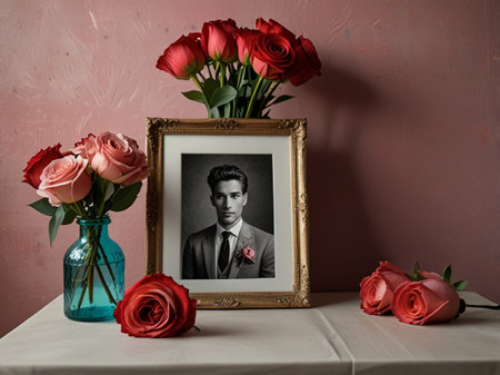 photo frame with a man in a suit and a bouquet of red rosesの素材