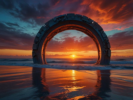 3D illustration of a tunnel over the sea at sunset with a beautiful skyの素材