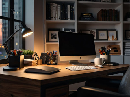 Comfortable workplace with computer and stationery on wooden table at nightの素材