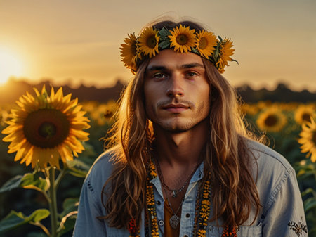 Portrait of a young hippie man in a field of sunflowersの素材