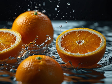 Fresh oranges falling into water with splash on black background, closeupの素材