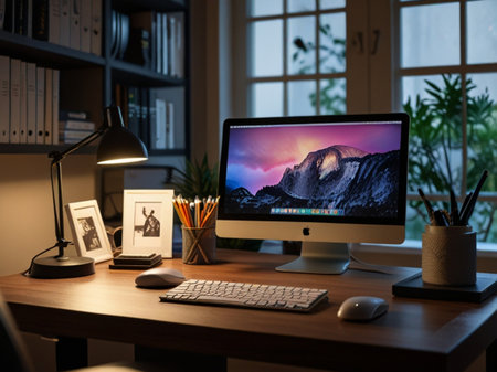 Workplace with computer, lamp and stationery on table in officeの素材