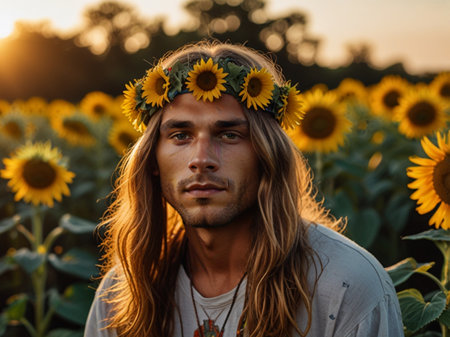 Portrait of a young man in a wreath of sunflowers in the field.の素材