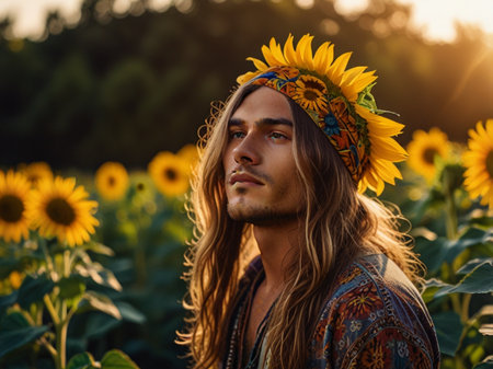 Portrait of a young man with long hair in a sunflower fieldの素材