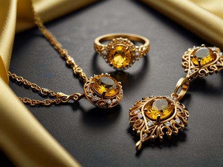 golden earrings on a black background with yellow satin clothの素材