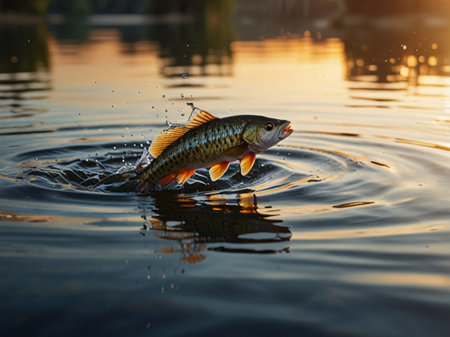 Catching a small fish from the water. Catching freshwater fish.の素材