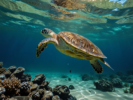 Hawaiian Green Sea Turtle (Chelonia mydas) swimming underwaterの素材