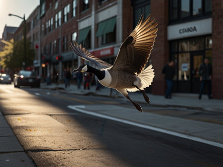 Canada Goose flying in the air over a street in downtown Baltimoreland.の素材