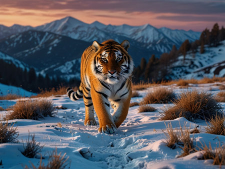 Beautiful tiger in the mountains at sunset. Beautiful winter landscape.の素材