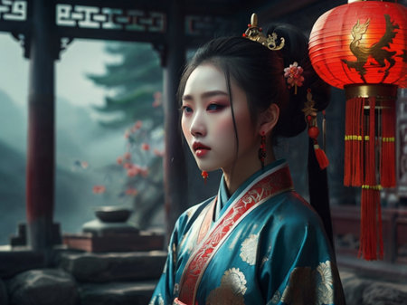 beautiful asian woman in kimono and red lanternsの素材