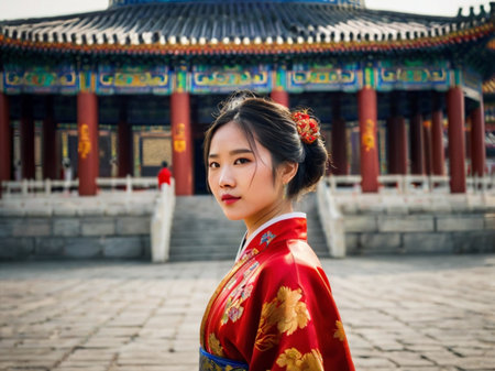 Beautiful asian girl in traditional costume at the Forbidden City, Beijing, Chinaの素材