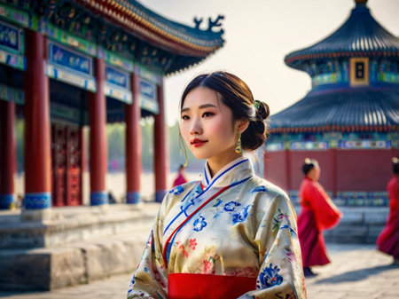 Beautiful asian woman in kimono at temple in south koreaの素材