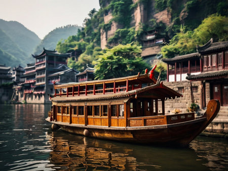 Traditional wooden boat on the river in Fenghuang, Hunan, Chinaの素材