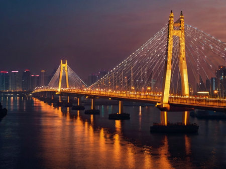 Tsing Ma Bridge at night, Guangzhou, China. The bridge crosses the Guilin River.の素材