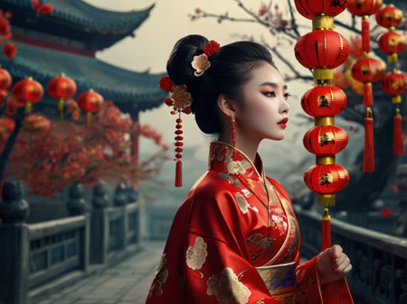 Beautiful asian woman in traditional Chinese costume with red lanternsの素材