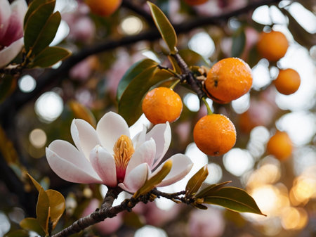 Magnolia tree blossom with orange fruit in spring, close upの素材