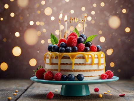 Birthday cake with berries and candles on a wooden background. Selective focus.の素材