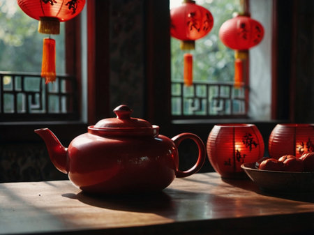 Chinese teapot on the table with red lanterns in the backgroundの素材