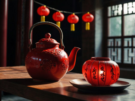 Chinese tea ceremony, closeup of tea pot and red lanternsの素材