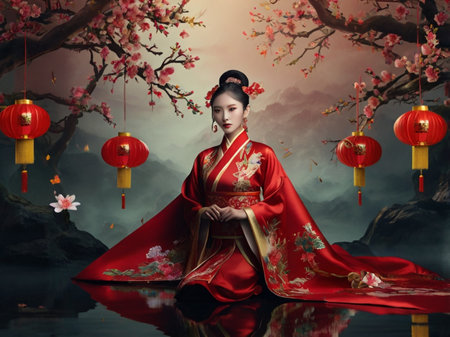 Beautiful asian woman in traditional red kimono with cherry blossom.の素材