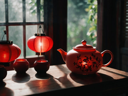 Red Chinese tea pot and red lanterns on the windowsill in the morningの素材