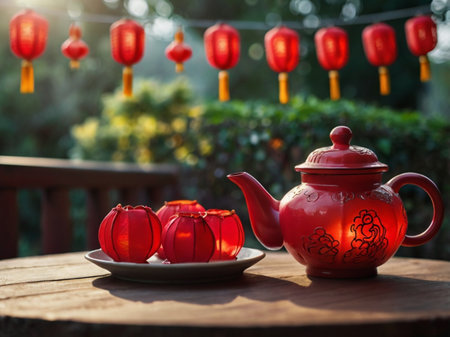 Chinese lanterns and teapot on wooden table in the gardenの素材