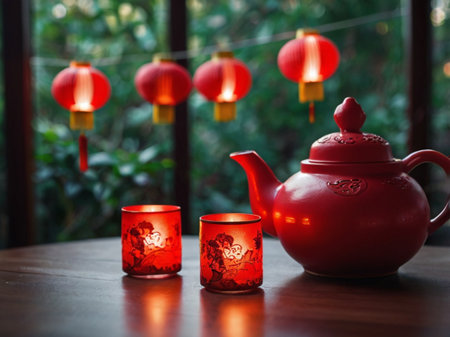 Chinese tea ceremony with red teapot and red lanterns.の素材