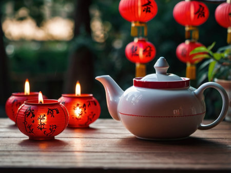 Chinese lanterns and teapot on wooden table with blurred backgroundの素材