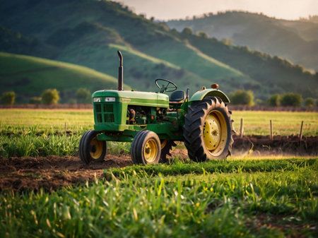 Tractor on the field. Tractor preparing land for sowingの素材