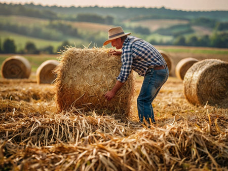 Farmer with straw bales in the field. Agriculture concept.の素材