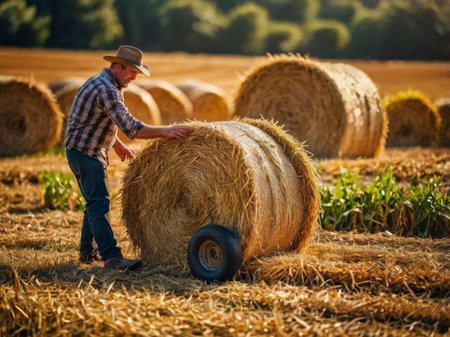 Farmer working in the field with hay bales on the fieldの素材