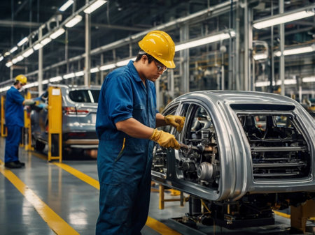 Production line of the automobile factory. The workers are checking the car body parts.の素材