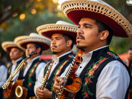Traditional mexican music band in traditional mexican costumeの素材