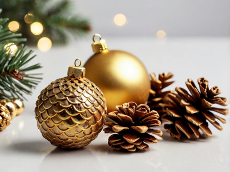 Christmas decoration with fir branches and golden balls on a white background.の素材
