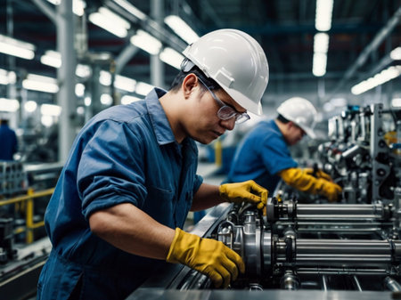 Factory workers with safety helmet and gloves working on machine in factory.の素材