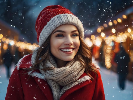 Portrait of a happy young woman in a red coat and a knitted hat on the background of a Christmas marketの素材