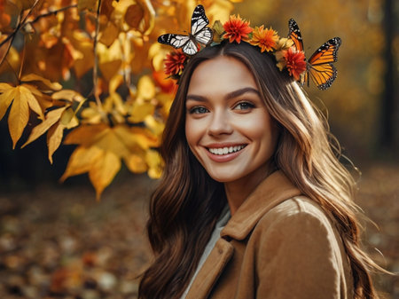 Beautiful girl in autumn park. Smiling woman with butterfly in hair.の素材