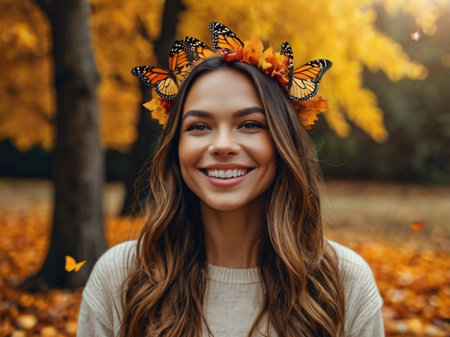 Portrait of a beautiful girl in a wreath of autumn leavesの素材
