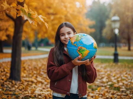 Cute little girl holding a globe in autumn park. Happy childhood concept.の素材