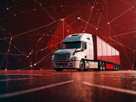 3d rendering of a big rig semi truck with a trailer standing on the road in front of a red backgroundの素材