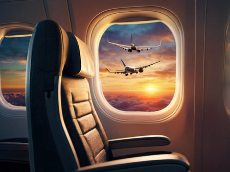Airplane window view from airplane seat. Travel and transportation concept.の素材