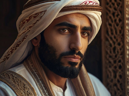 Portrait of a young man with a beard in traditional clothes.の素材