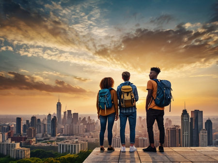 Back view of young couple with backpacks standing on the wooden platform and looking at the city.の素材