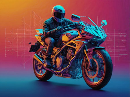 Motorcyclist in a helmet on a blue background. 3d renderingの素材