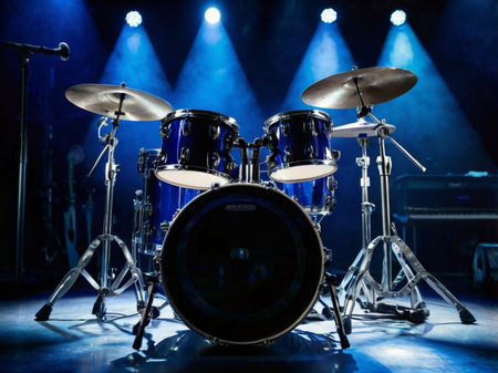 Drum set on stage. Musical instruments. Live music background.の素材