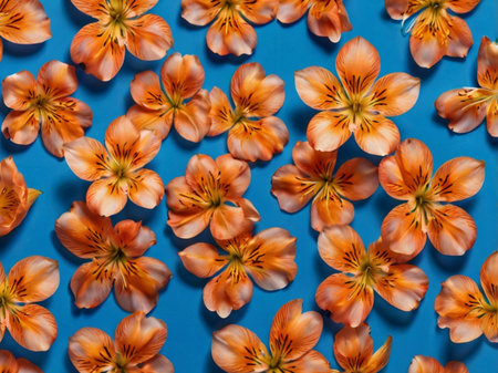 Orange lilies on blue background. Flat lay, top view.の素材