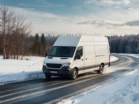 White commercial delivery van on the road in winter forest. Freight transportation.の素材